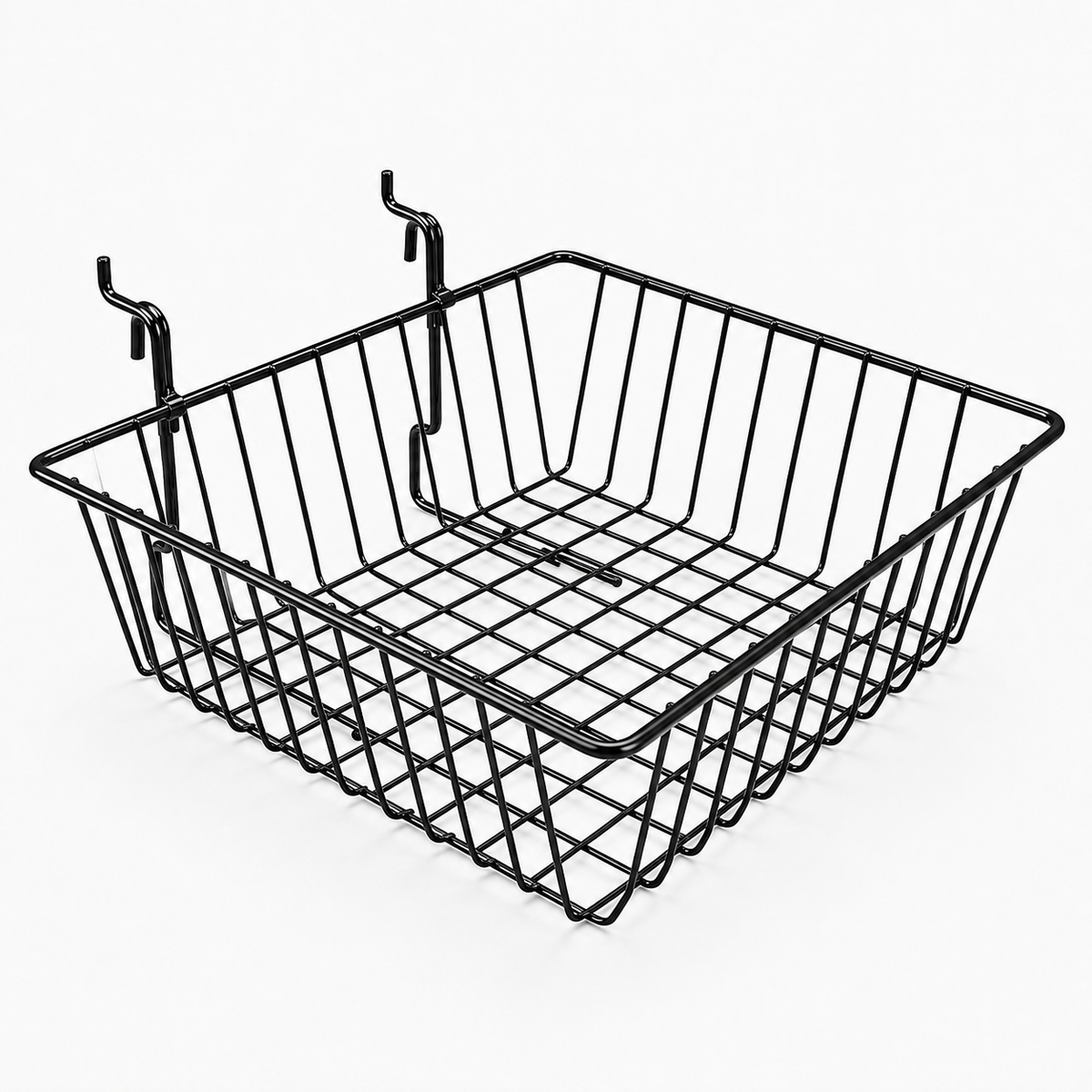 Glossy black epoxy coated 12" x 12" x 4" gridwall/slatwall basket