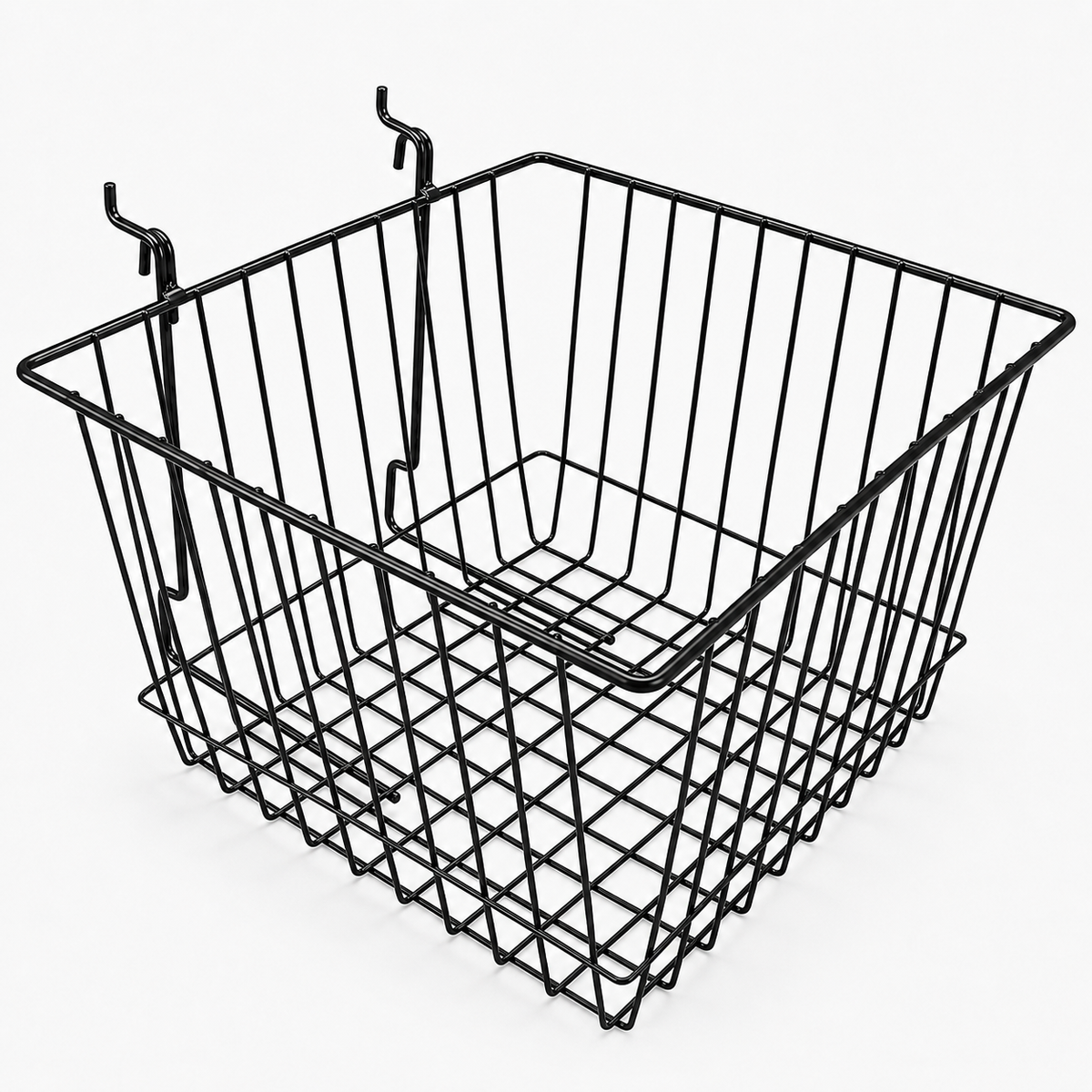 Glossy black epoxy coated 12" x 12" x 8" gridwall slatwall basket