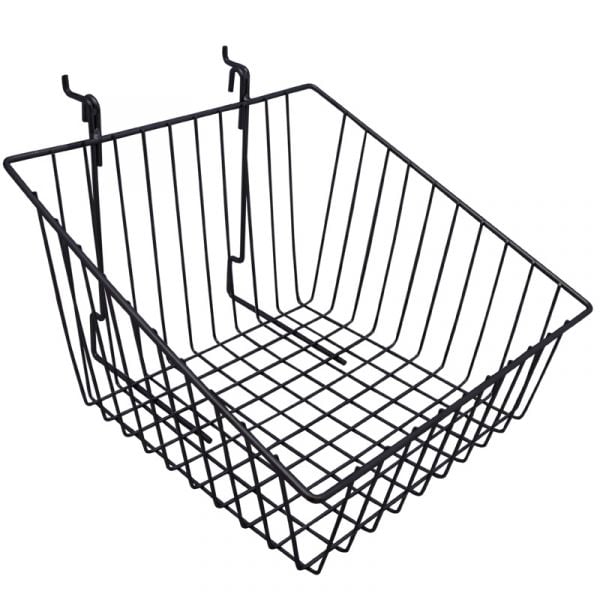 Black 12" × 12" × 8" × 4" slant-front gridwall/slatwall basket