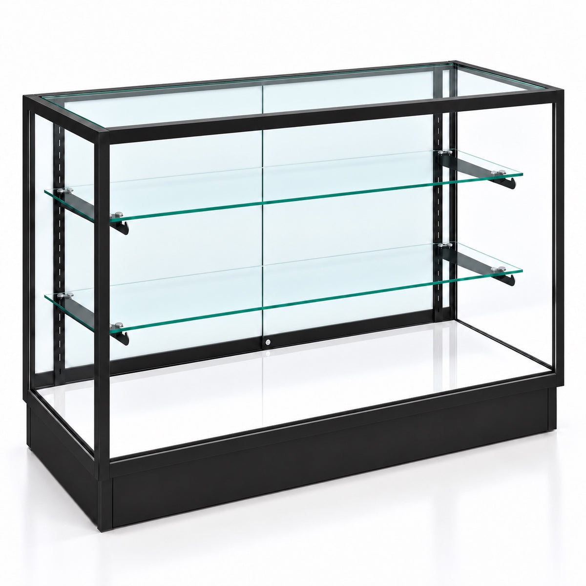 4 ft black aluminum frame Extra Vision retail showcase - opposite angle view
