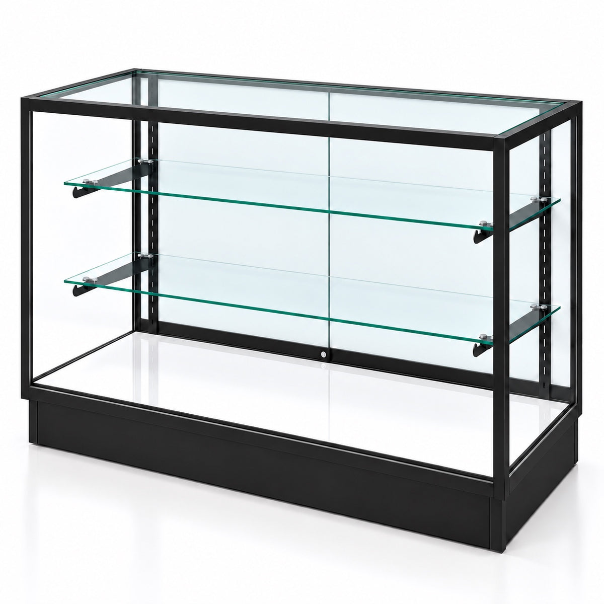 4 ft black aluminum frame Extra Vision retail showcase - angled view