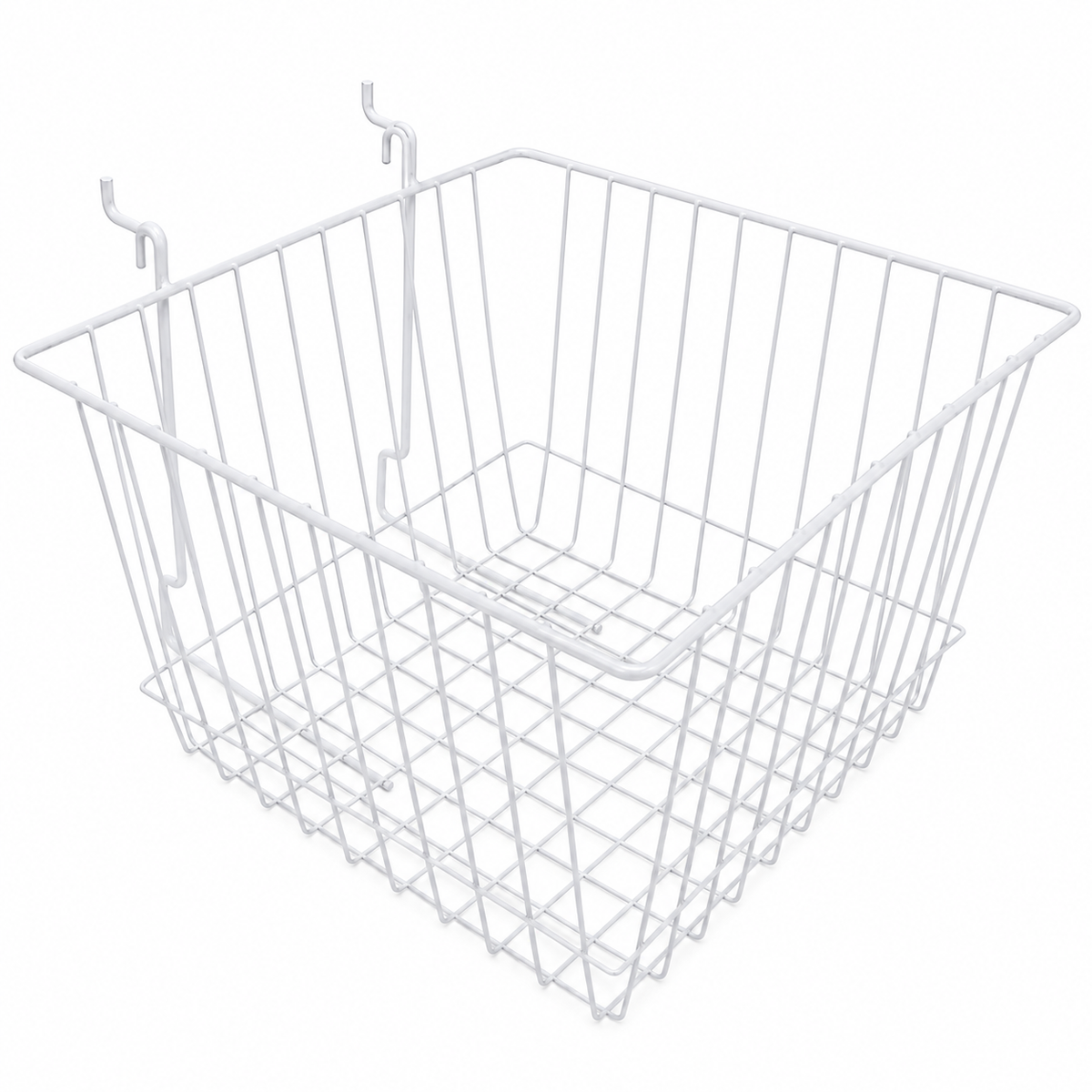 Glossy white epoxy coated 12" x 12" x 8" gridwall slatwall basket