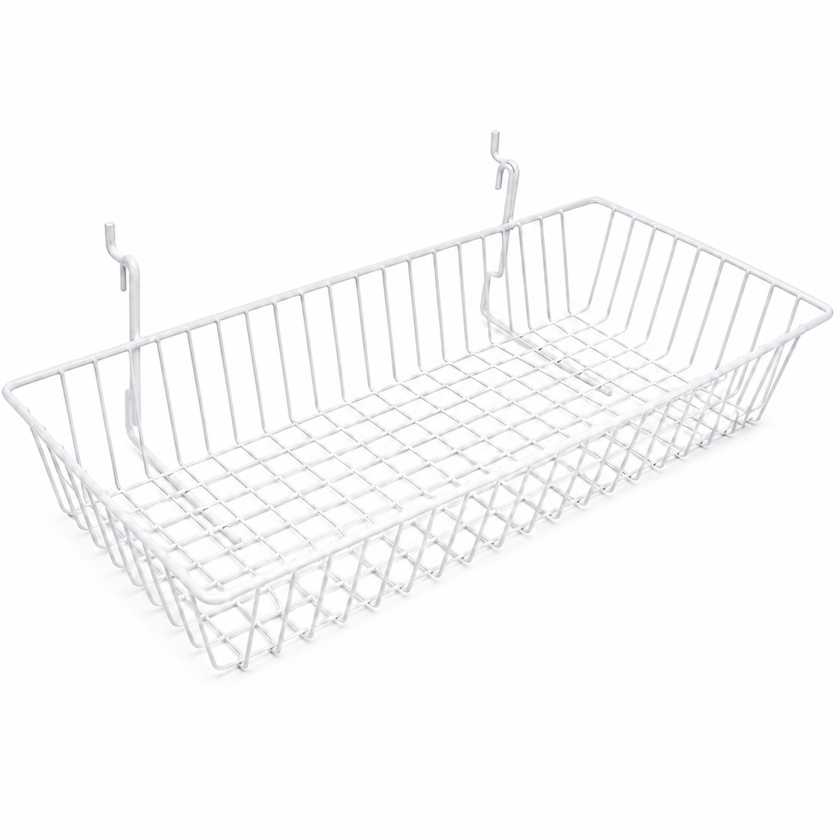 Glossy white epoxy coated 24" x 12" x 4" gridwall slatwall basket