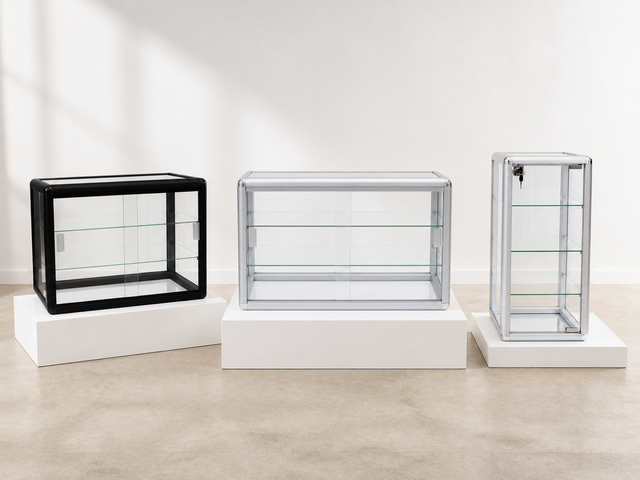 Countertop glass display cases arranged in a white showroom with concrete flooring