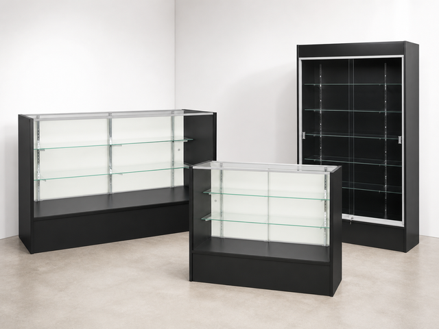 Three black Fullvision retail display cases arranged in a white showroom with concrete flooring
