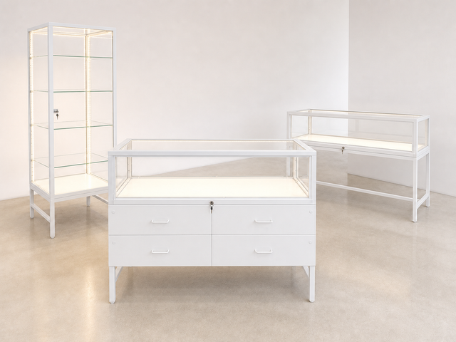 White LS4W, white storage showcase, and LGTW luxury displays arranged on concrete flooring