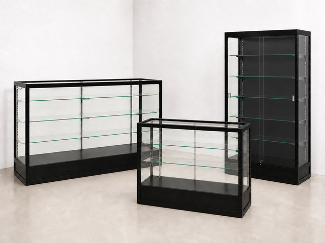 Radius Edge retail showcases and wallcase with black interior back arranged in a bright showroom