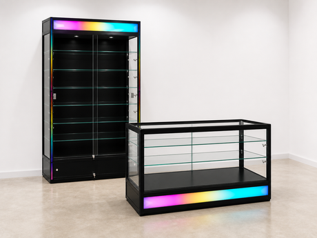 One RGB wallcase and one RGB retail showcase arranged in a white showroom with concrete flooring