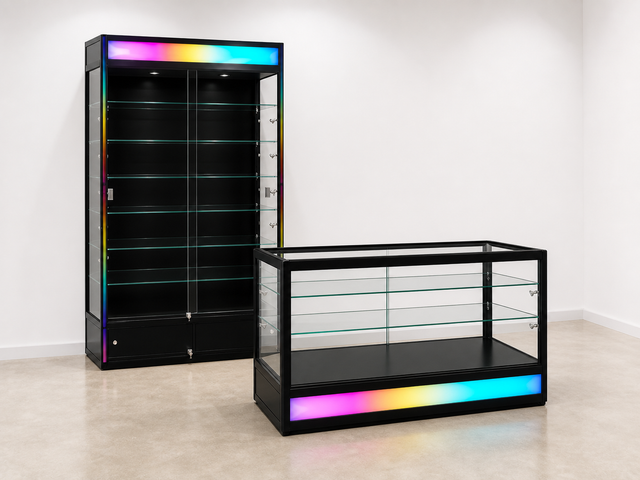 One RGB wallcase and one RGB retail showcase arranged in a white showroom with concrete flooring