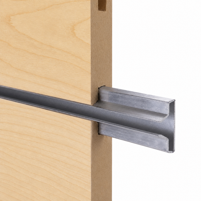 2101A brushed aluminum slatwall insert in pristine Hard Rock Maple panel
