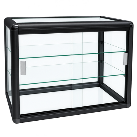 F-1301B third view - black horizontal tempered glass counter case