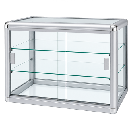 F-1301S angle view 1 - silver aluminum tempered glass counter case