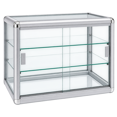 F-1301S angle view 2 - silver aluminum tempered glass counter case