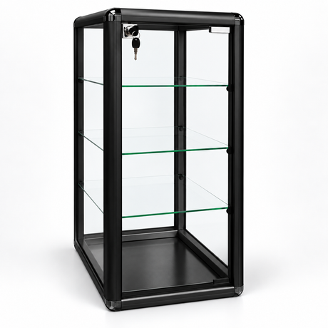 F-1302B left angle - 14 x 12 x 27 H black tempered glass counter case