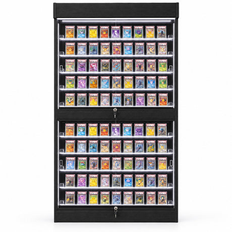 H007 Deluxe Single-Side Trading Card Display Case front view with illuminated graded card shelves