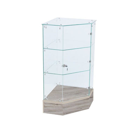 Full Vision Pentagon Frameless Retail Corner — Barnwood — alternate view