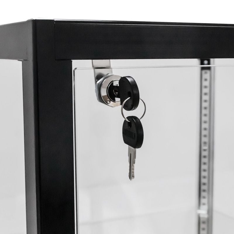 Extra Vision Retail Glass Tower Display — Black — lock and key detail