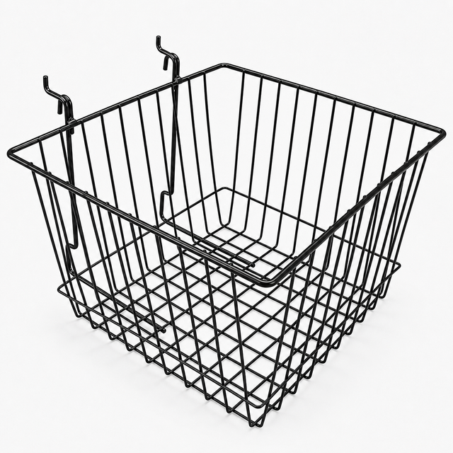 Glossy black epoxy coated 12" x 12" x 8" gridwall slatwall basket