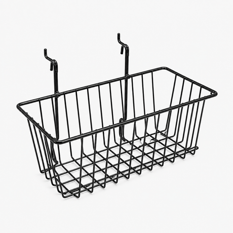 Glossy black epoxy coated 12" x 6" x 6" gridwall/slatwall basket