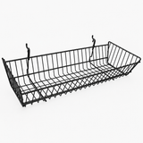 Glossy black epoxy coated 24" × 10" × 5" gridwall/slatwall basket