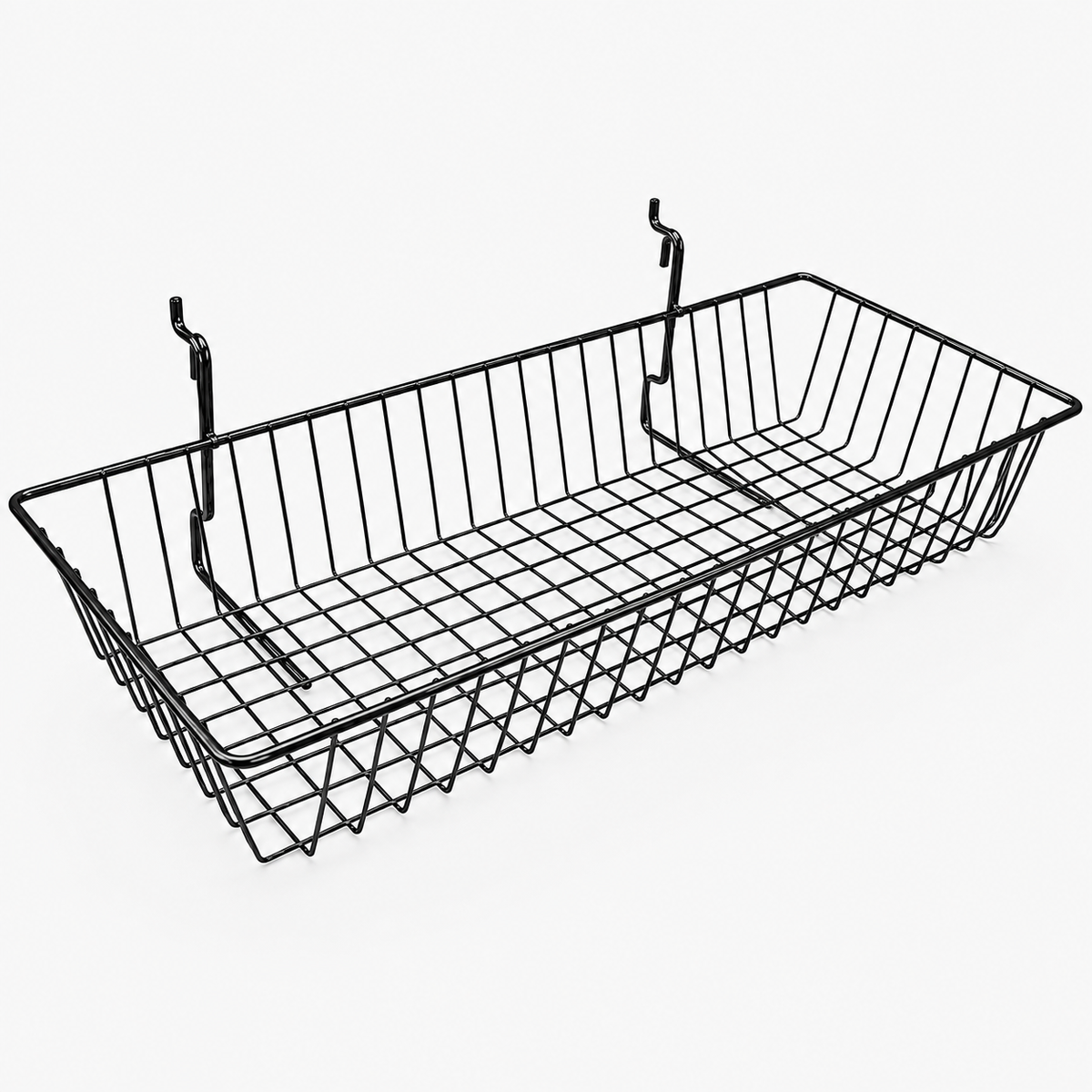Glossy black epoxy coated 24" x 12" x 4" gridwall slatwall basket