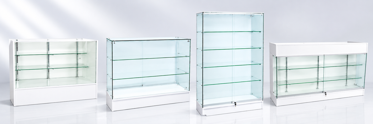 white display cases and retail counters