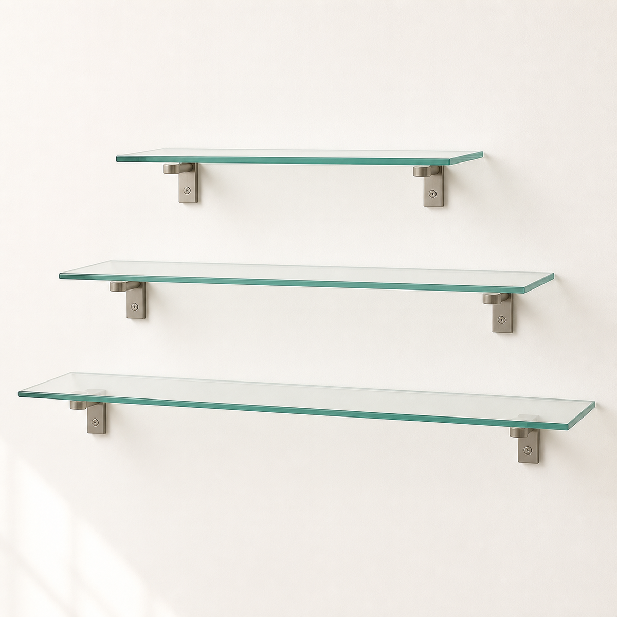 Clear tempered glass shelves in multiple sizes mounted on metal brackets