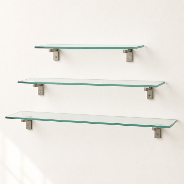 Clear tempered glass shelves in multiple sizes mounted on metal brackets