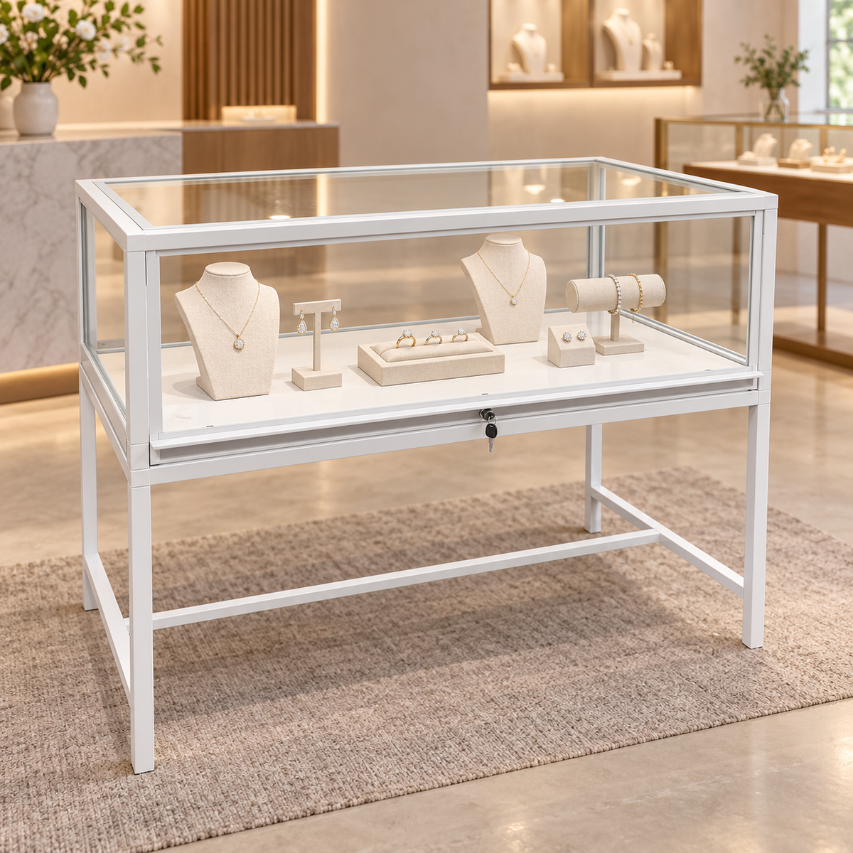 Luxury 4ft Retail Showcase in white displayed in an upscale jewelry store