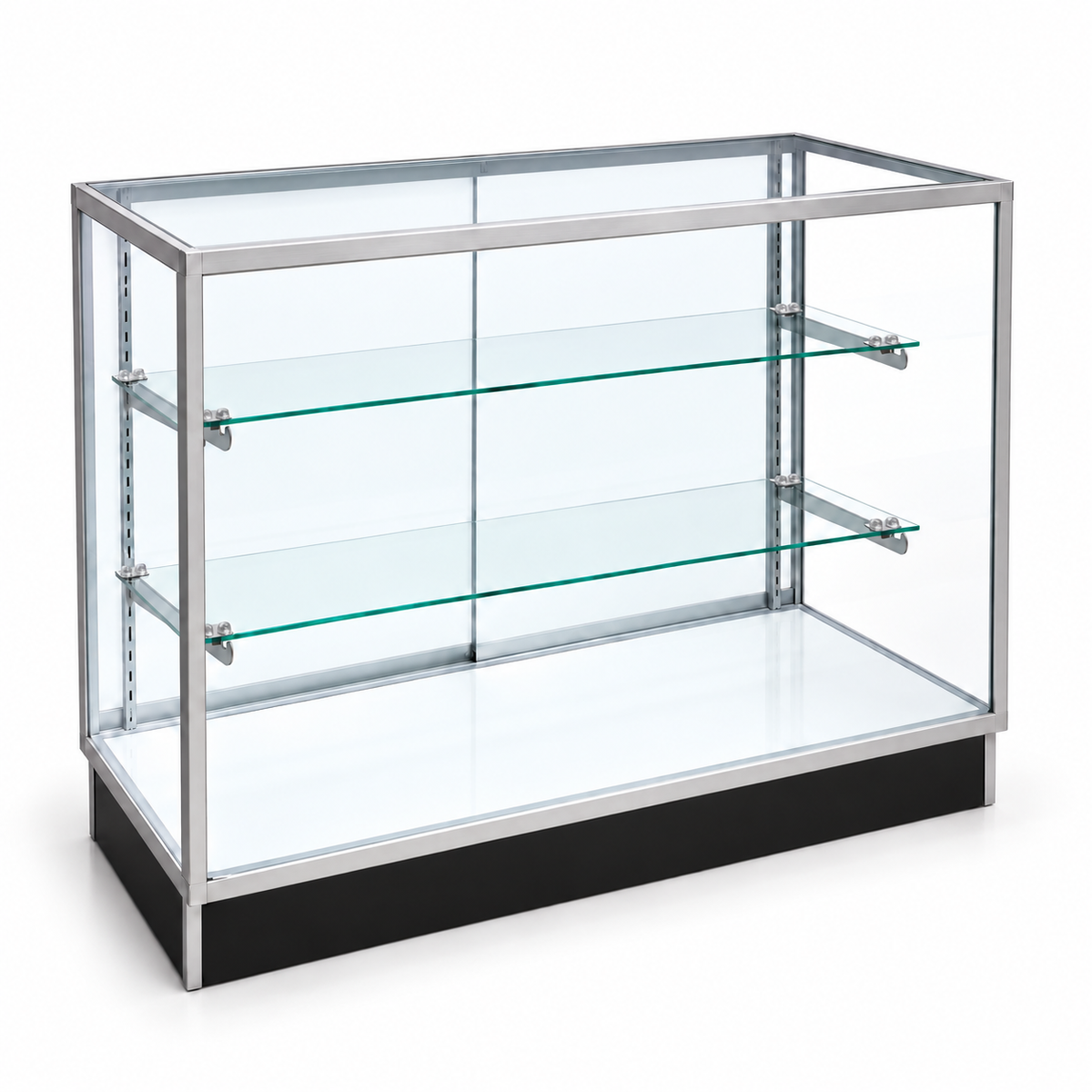 4 ft aluminum Extra Vision retail showcase - left-facing angled view