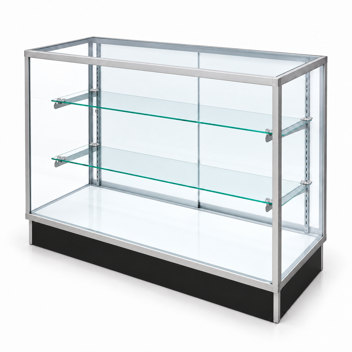 4 ft aluminum Extra Vision retail showcase - right-facing angled view