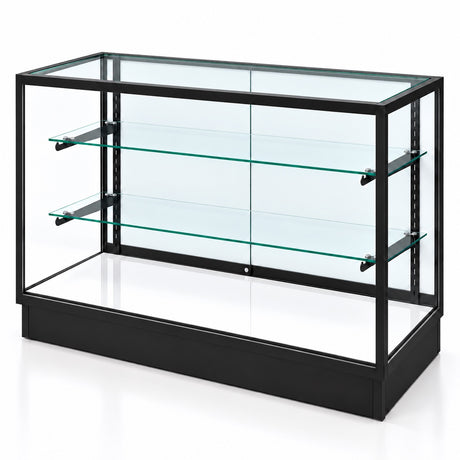 4 ft black aluminum frame Extra Vision retail showcase - angled view