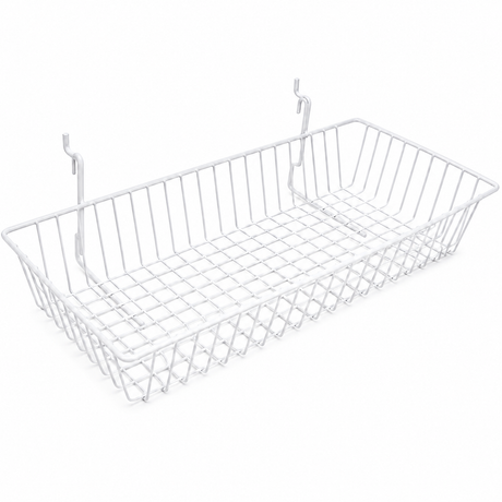 Glossy white epoxy coated 24" x 12" x 4" gridwall slatwall basket