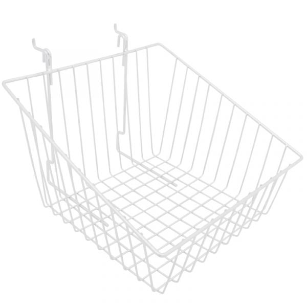 White 12" × 12" × 8" × 4" slant-front gridwall/slatwall basket